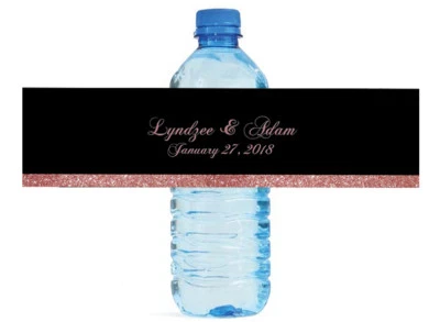 100 Black Background w Dark PInk Glitter Stripe Rose Pink Water Bottle labels - Image 1 of 4