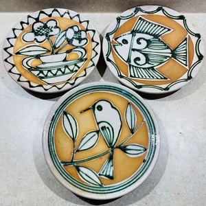 3er Set Antik Glasiert Rotguss Keramik Keramik Schale Teller Fisch Vogel Blume - Bild 1 von 13