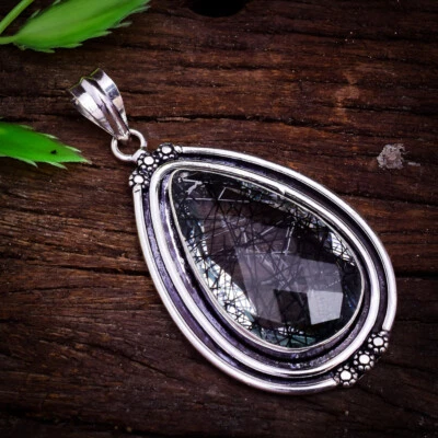 Startling Nero Rutilo Quarzo Gemma 925 Argento Sterling Fatto a Mano Ciondolo - Immagine 1 di 3