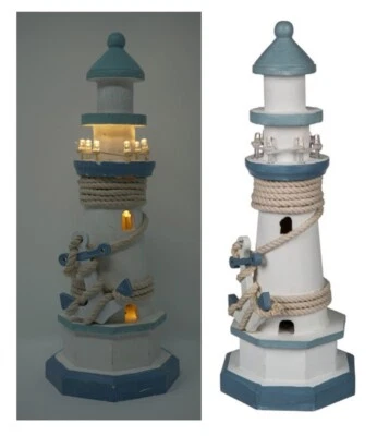 Holz Leuchtturm blau/weiss maritime Shabby Deko LED Beleuchtung Meer Boot Strand - Bild 1 von 3