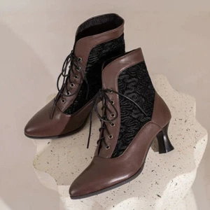 Mujeres Botines Encaje Tacón Bajo Gatito Zapatos Retro Con Cordones Informales Botas - Imagen 1 de 22