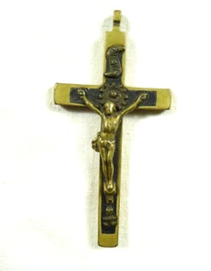 ANTICO CROCEFISSO DA PETTO PRETE COLLANA OTTONE E LEGNO CROCE PENDENTE TESCHIO - Photo 1/2