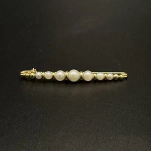 Vintage Artisan 14K Yellow Gold Cultured Pearl Bar Pin Brooch 2 Inch Graduated - Picture 1 of 14