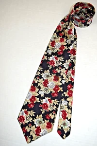 Neck Tie VTG Pierre Cardin 70s Red Ivory Rose Floral on Black Silk Wide 57" x 4" - Picture 1 of 8