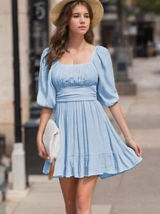 Womens Summer Dresses Square Neck Tie Back Lantern Sleeve Ruffle A-Line Dress - Picture 1 of 18