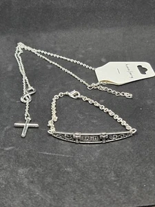Conjunto de joyería de moda collar colgante cruz tono plata y pulsera de fe para mujer - Imagen 1 de 7