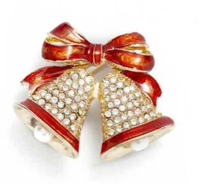 Ringing Holiday Bells Brooch Pin Cubic Zirconia Gold Tone Christmas NEW Gift Box - Image 1 of 4