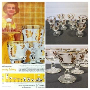Vintage Mid Century Set of 8 Libbey GOLDEN FOLIAGE Frosted Band Glass Barware - Picture 1 of 15