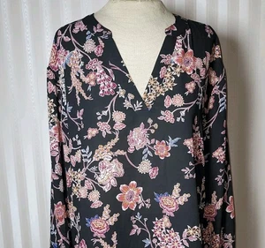 Top túnica Maurices para mujer talla L fluido negro floral mangas largas abullonadas semi transparente  - Imagen 1 de 9