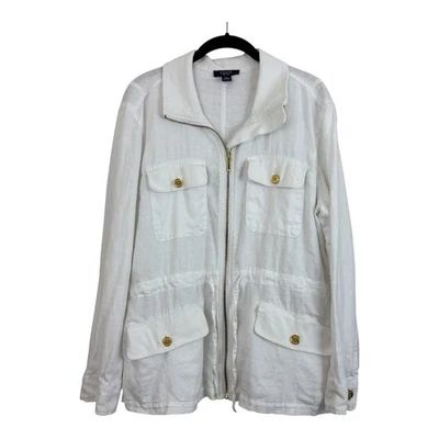 Chaps Womens Linen Jacket Sz Large White Long Sleeve Full Zip Pocket Drawstring - Image 1 of 4