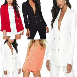 Ladies Open Front Blazer Long Sleeve Gold Button Double Breasted Coat Jacket - Picture 1 of 5