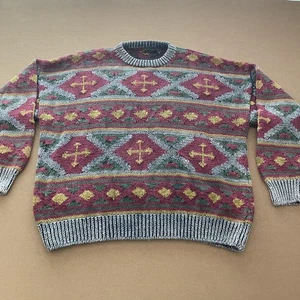 Vintage Structure Sweater Mens Large Multicolor Aztec Knit Pullover Crewneck 90s - Picture 1 of 9