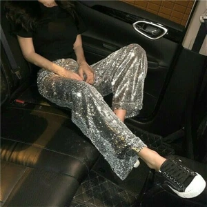 Lady Wide Leg Sequins Pants Trouser Silver Club Shiny Party Casual Fashion Loose - Picture 1 of 7