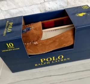 POLO RALPH LAUREN Iconic Bear sherpa Slippers Mocassins Women size 10 Brown Navy - Picture 1 of 9