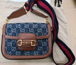Gucci Horsebit 1955 Mini Crossbody Bag Blue Denim Jean - Picture 1 of 12