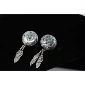 Orecchini pendenti vintage in argento sterling e piume di turchese - Foto 1 di 2