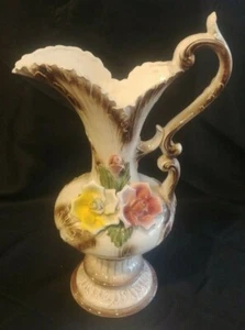Antique Capodimonte Large Porcelain Pitcher Vase Italy 18 1/2" Tall Ornate Roses - Picture 1 of 10