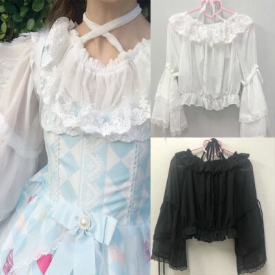 Women Lolita Shirt Chiffon Lace Ruffle Frill Puff Sleeve Blouse Gothic Kawaii - Image 1 of 4