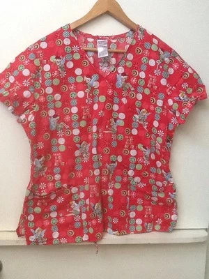Disney TINKERBELL Christmas Scrub Top More Nice Than Naughty! L Large - Image 1 of 4