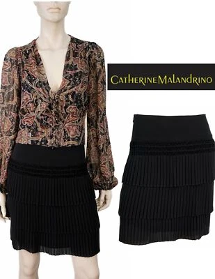 CATHERINE MALANDRINO sz 0 Pleated Black Silk Tiered Ruffled Mini Skirt - Image 1 of 4