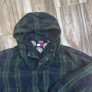 Tommy Hilfiger Pullover Jacket Vintage 1990s Green Plaid Men's Size L Preppy - Picture 1 of 12