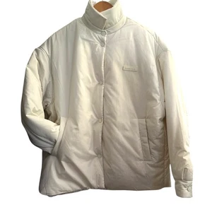 Bandier White Puffer Jacket Women’s Size L – Oversized Winter Coat Snap Button - Picture 1 of 10