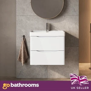 600mm White Vanity Unit Wall Hung With Resin Basin Bathroom Storage Cabinet - Picture 1 of 12