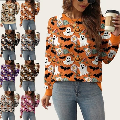 Damen Pullover Oberteil Sweatshirt Top Langarm Halloween Ghost&Bat Print T-Shirt - Bild 1 von 4