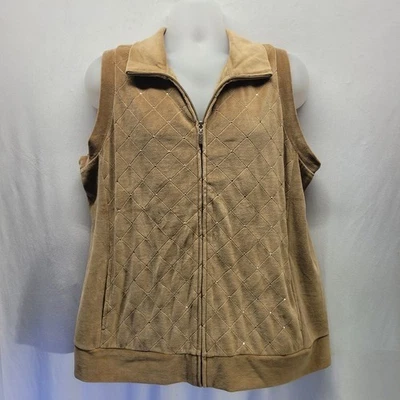 Quacker Factory Velour Full Zip Vest Womens Large Tan Rhinestone Embellished - Image 1 of 4