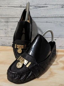 Michael Kors Loafer Shoes Sz 7M Black Leather Hamilton Gold Monogram Lock ME16L - Picture 1 of 6