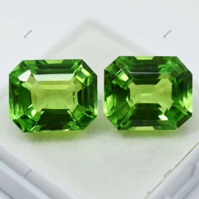 CERTIFIED 16.08 Ct NATURAL Green PERIDOT Emerald Shape Rare Loose Gemstone Pair - Image 1 of 4