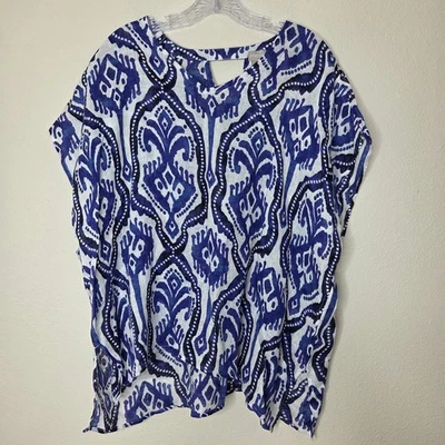 Chico's Top S / M Blue White Ikat Print Linen Blend Kimono Caftan Blouse - Image 1 of 4