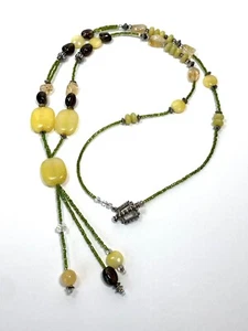 Necklace Artisan Green Natural Stones Jade Quartz Glass Beads Toggle Clasp 34”   - Picture 1 of 20