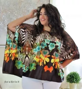 USA New PLUS SIZE Womens ONE SIZE BROWN ANIMAL FLORAL KIMONO SHIRT TUNIC O/S - Picture 1 of 4