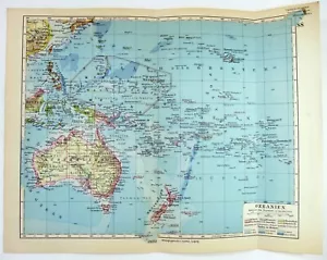 Pacific Islands - Original 1928 German Language Map by Meyers. Oceania Vintage - Picture 1 of 3