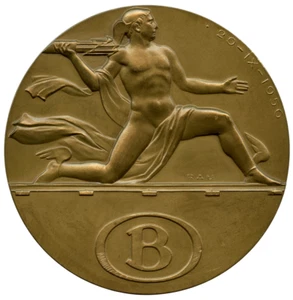 MEDALLA ART DECO BRONCE FERROCARRIL BELGA BRUSELAS LUXEMBURGO, RUGOSA 80MM 248G - Imagen 1 de 4