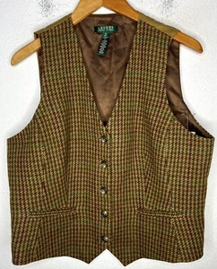$179 Ralph Lauren 16 Tweed Houndstooth Vest Jacket Brown Green Polo RRL Medium - Picture 1 of 6