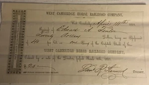 West Cambridge Horse Railroad Company (April 1859) Boston, MA Shares Receipt - Picture 1 of 6