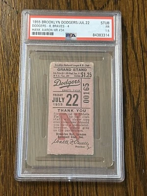 罕见 Hank Aaron Braves 本垒打 HR #34 票根 PSA 1.5 7/22/55 1955 布鲁克林 — 第 1/4 张图片