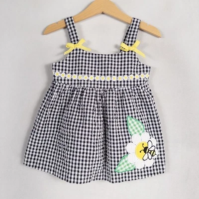 Bonnie Baby Dress Girls 4T Black Gingham Seersucker Bee Daisy Applique Bows - Image 1 of 4