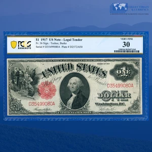 Fr.36 1917 $1 One Dollar "SAWHORSE REVERSE" Legal Tender Note, PCGS VF 30 #99080 - Picture 1 of 3
