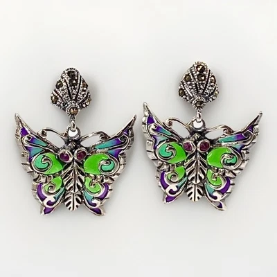 Butterfly Earring Studs Sterling Silver Plique a Jour Marcasite 3 x 2.3cm New - Image 1 of 3