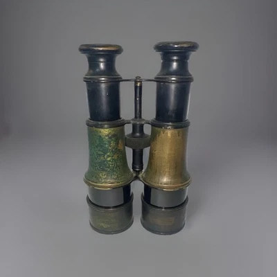 Antique Lemaire Fabt Paris Green Leather Brass Binoculars Late 1800s 5.5”-7.5” - Image 1 of 4