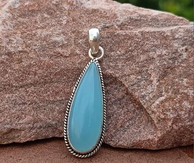 Good Looking Aqua Chalcedony Gemstone 925 Sterling Silver Handmade Pendant - Image 1 of 4