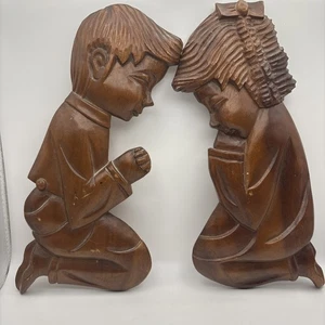 "Placas de pared de madera vintage de 12"" para niños y niñas rezando arte religioso cristiano tallado" - Imagen 1 de 18