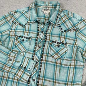Ariat Shirt Womens Medium Fitted Western Cowgirl Pearl Snap Blue Plaid Studded - Picture 1 of 10