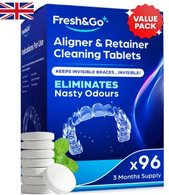 Fresh & Go Retainer Cleaner - 96 Tablets (3 Mo Supply) Mint, Fresh, Bright Smil