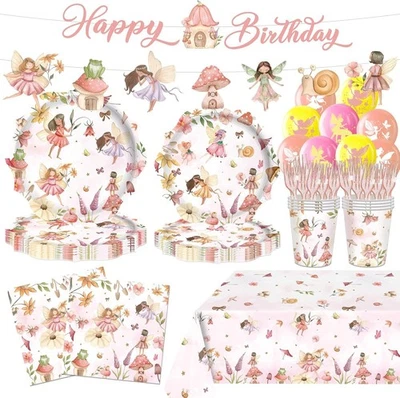Platos de papel desechables, servilletas, tazas 143 piezas suministros de fiesta de cumpleaños de hadas Foto 1 de 4