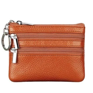 Women's Leather Coin Purse Mini Pouch Change Wallet with Keychain, 3 Zippers - Picture 1 of 6