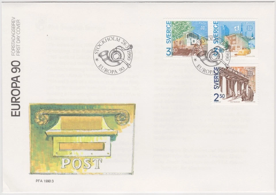 Sweden FDC 1990, Europa C.E.P.T., Post Office Buildings, Mint - Image 1 of 1